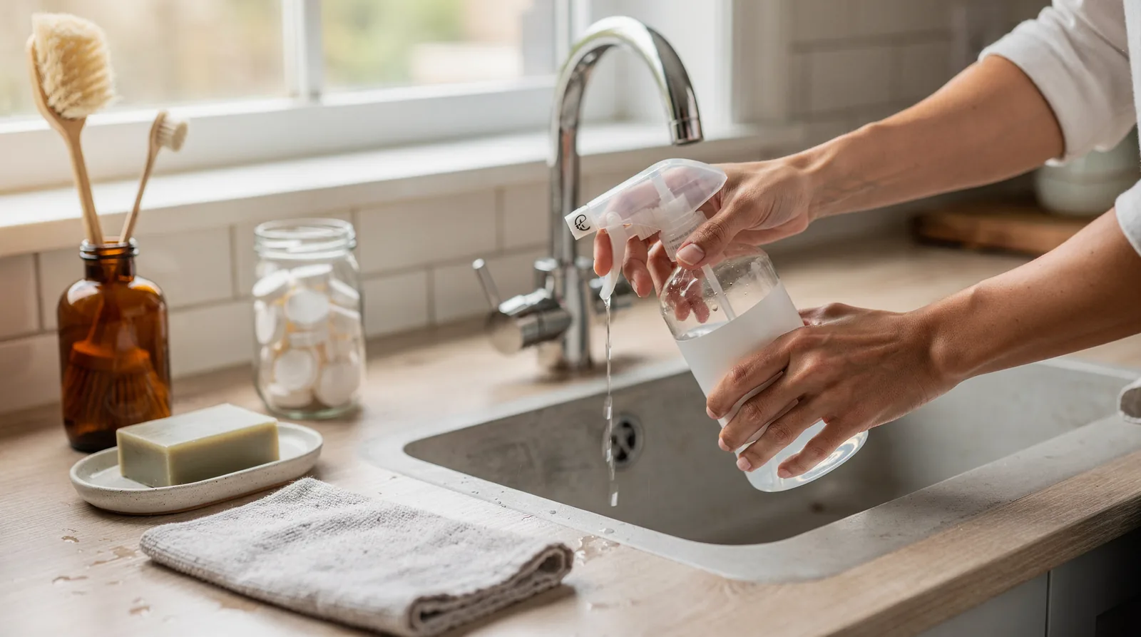Replacing plastic cleaning containers with glass bottles and using refill shops reduces plastic waste