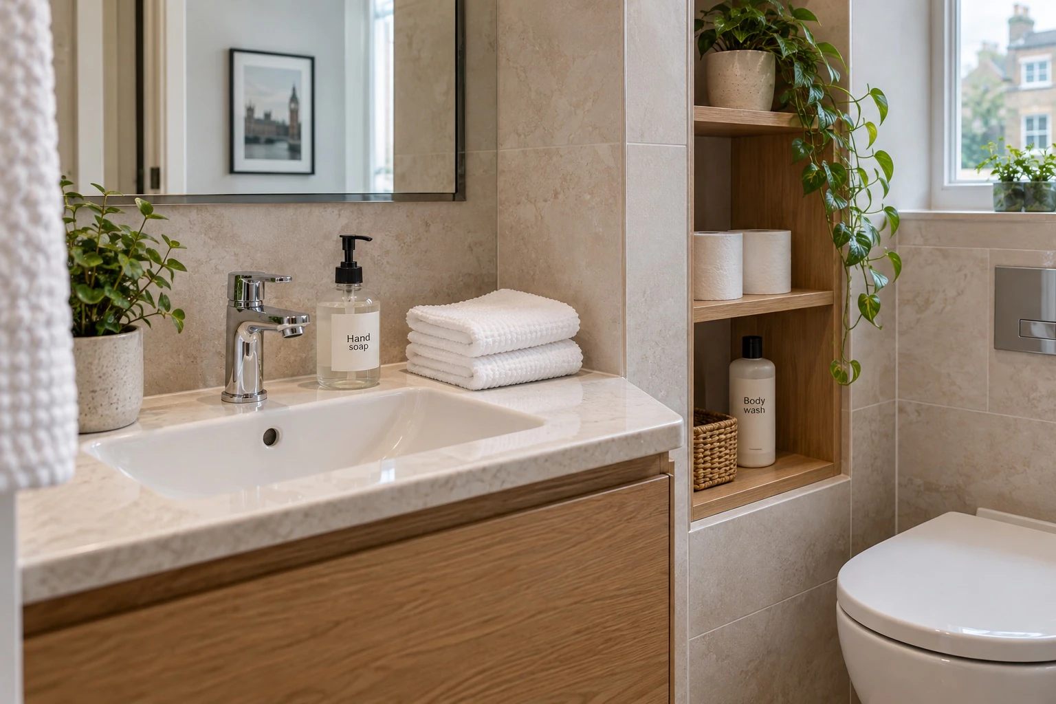 Hand soap and folded white towels beside a bathroom basin, with spare toilet rolls and body wash on shelves
