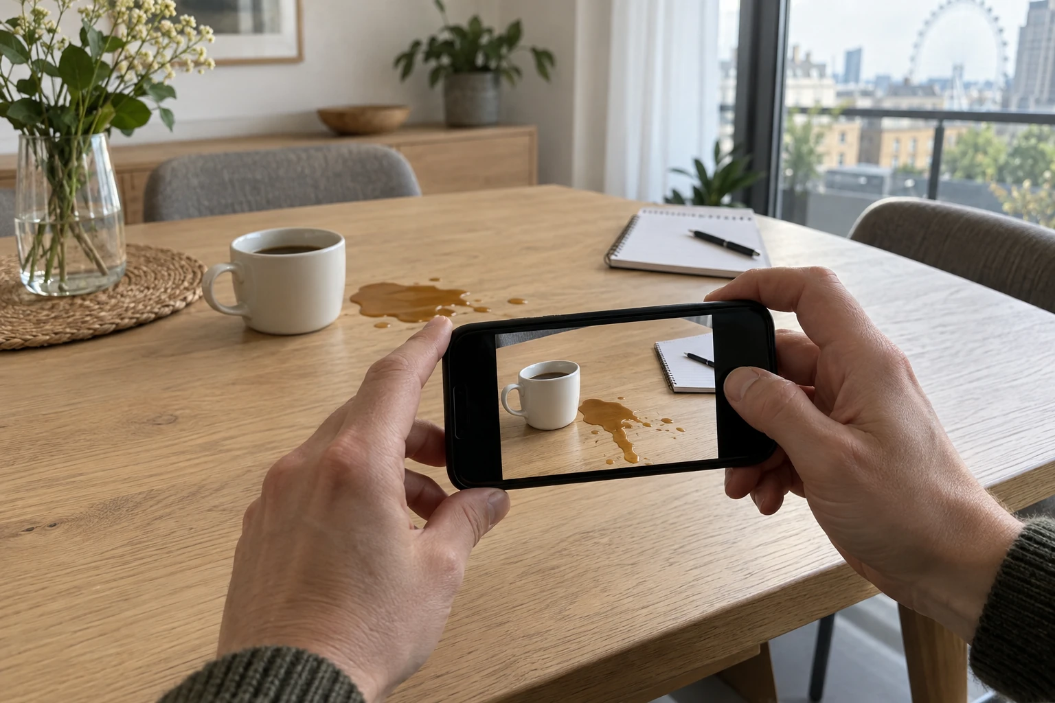 A host using a smartphone to photograph a coffee spill on an apartment dining table
