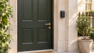Dark green entrance door with a brass handle and a closed wall-mounted key safe beside it