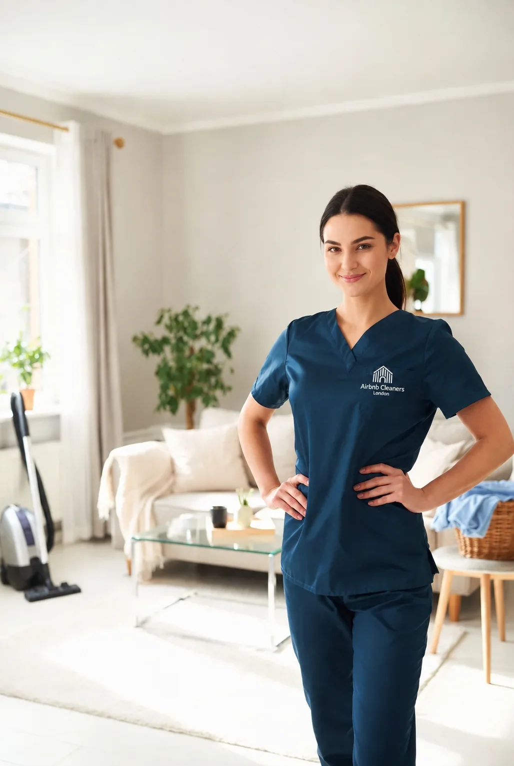 Housekeeper wearing the Airbnb Cleaners London logo in a prepared living room