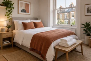 Guest-ready bedroom with white bedding, a terracotta throw and folded towels