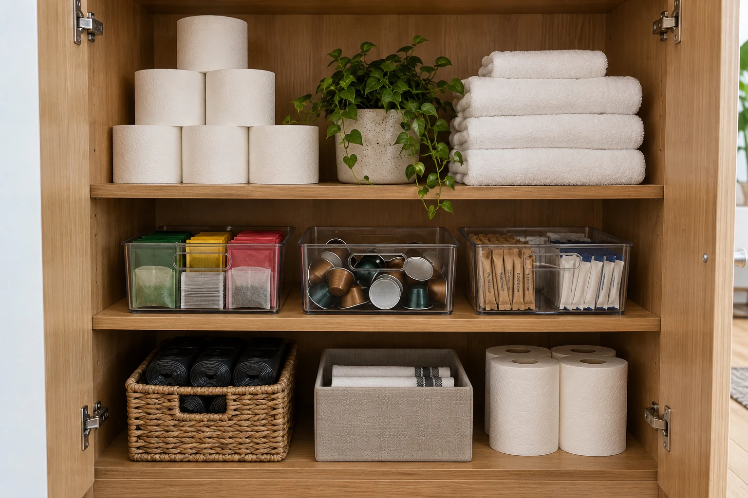 Open cupboard with spare toilet rolls, folded towels, tea and coffee portions, and baskets of bin liners