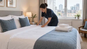 A professional housekeeper preparing crisp white linen in a London short-let bedroom