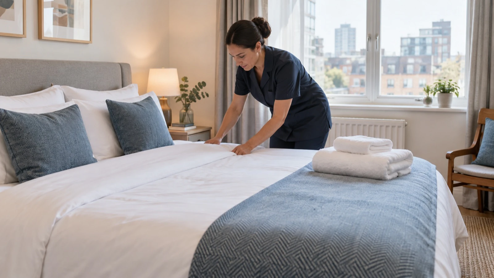 A professional housekeeper preparing crisp white linen in a London short-let bedroom