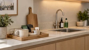 Tea and coffee portions with ceramic mugs on a guest welcome tray beside a kitchen sink
