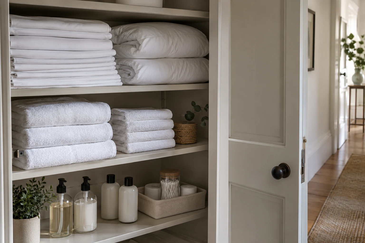 Linen cupboard with folded white sheets, towels and unbranded guest toiletries
