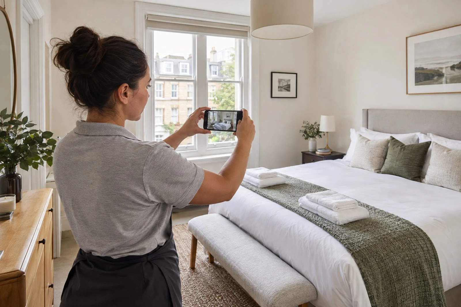 Cleaner taking a completion photo of a freshly prepared Airbnb bedroom in London