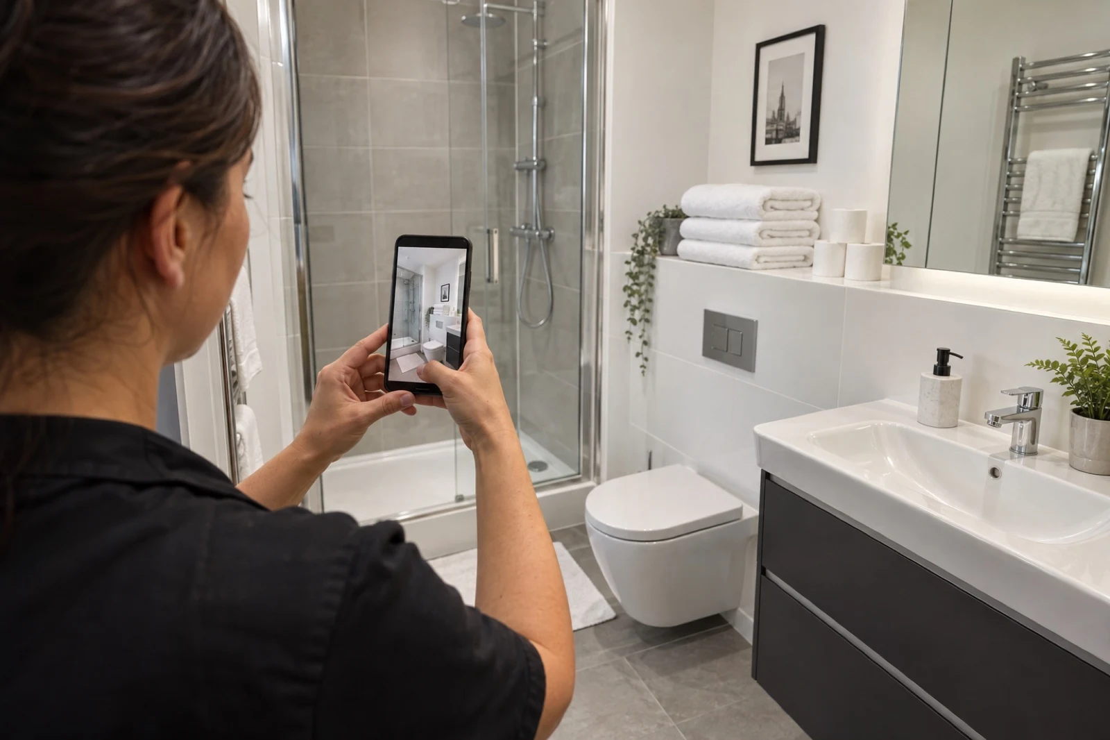 Cleaner photographing a spotless bathroom for an Airbnb turnover report