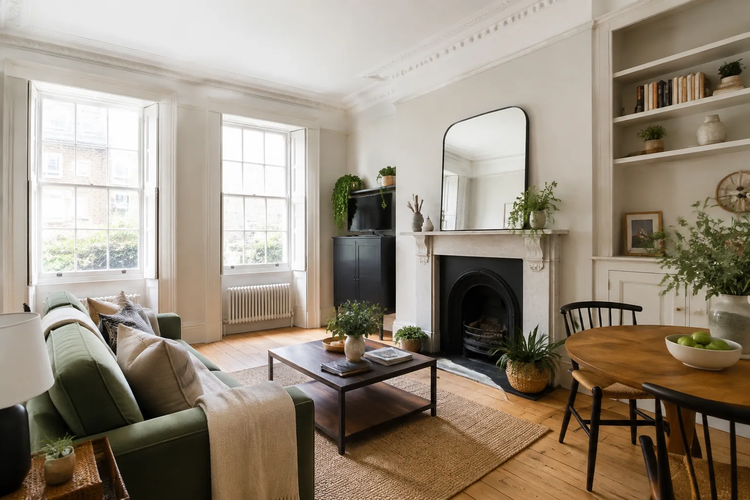 Bright period-style living room with sash windows, a fireplace and a prepared seating area