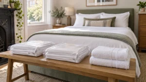 Two sealed packs of folded white bedding and towels on a bench in front of a made bed