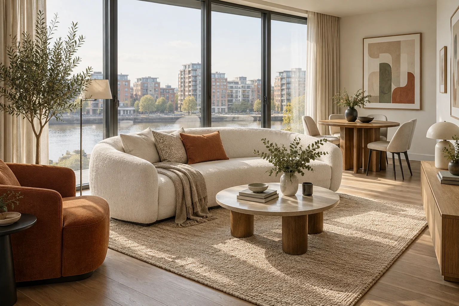 Bright apartment living room with a cream sofa, oak furniture and large riverside windows