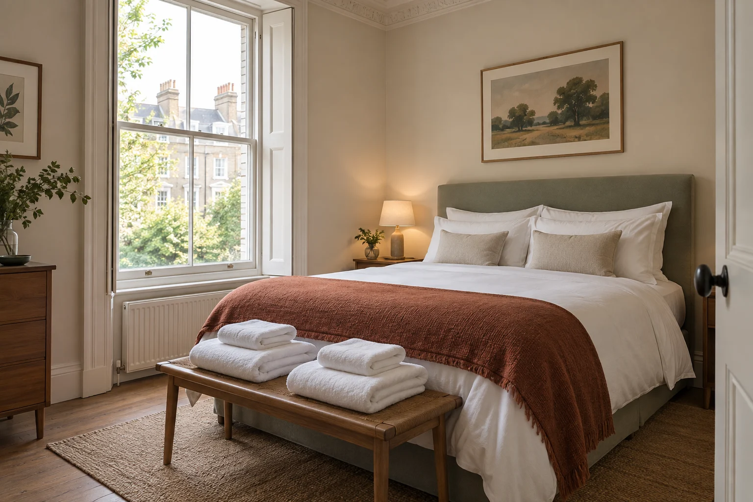 Double bed with white linen, a rust throw and folded bath and hand towels in a sash-window bedroom