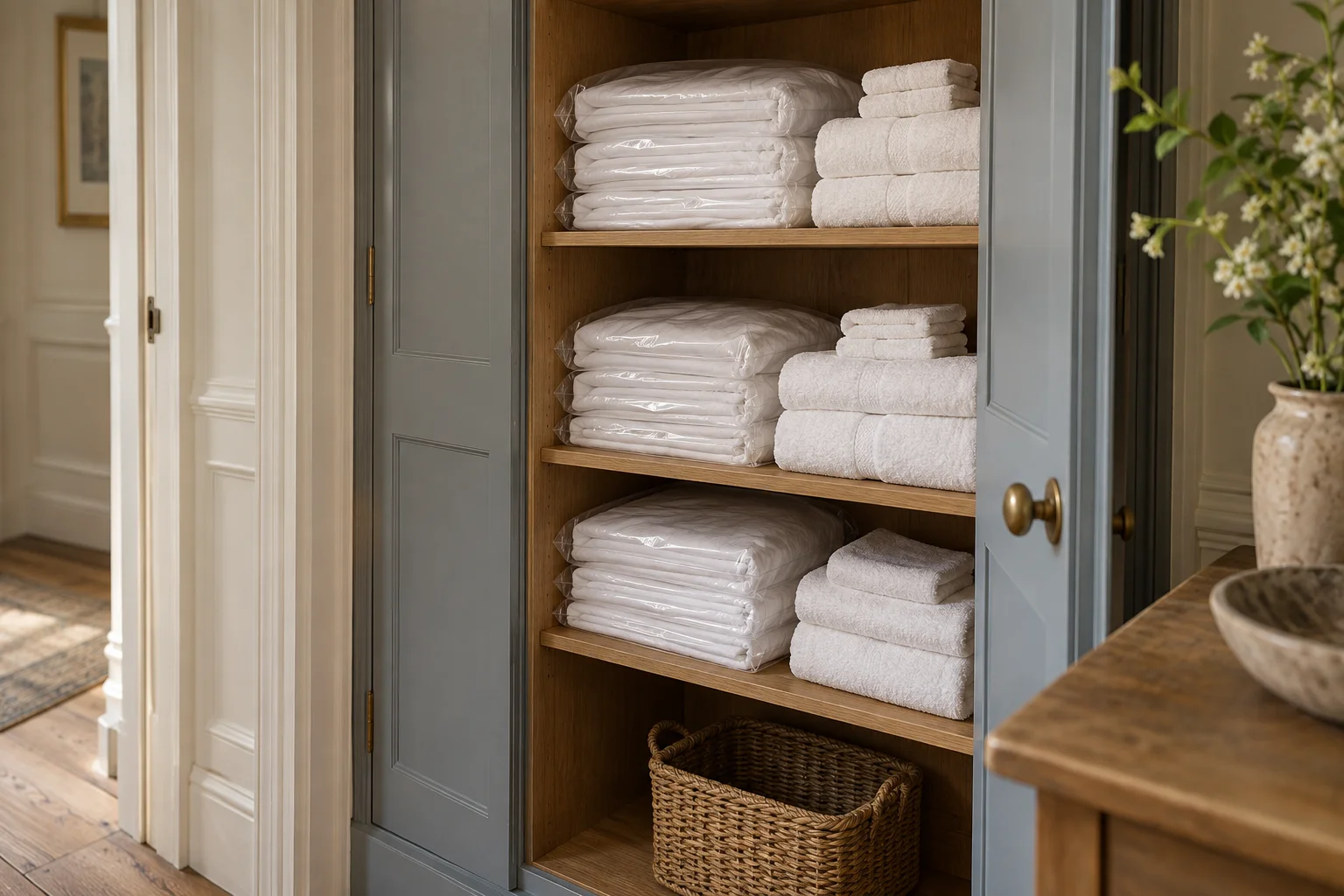Open blue grey cupboard with wrapped white bed linen and folded towels on wooden shelves