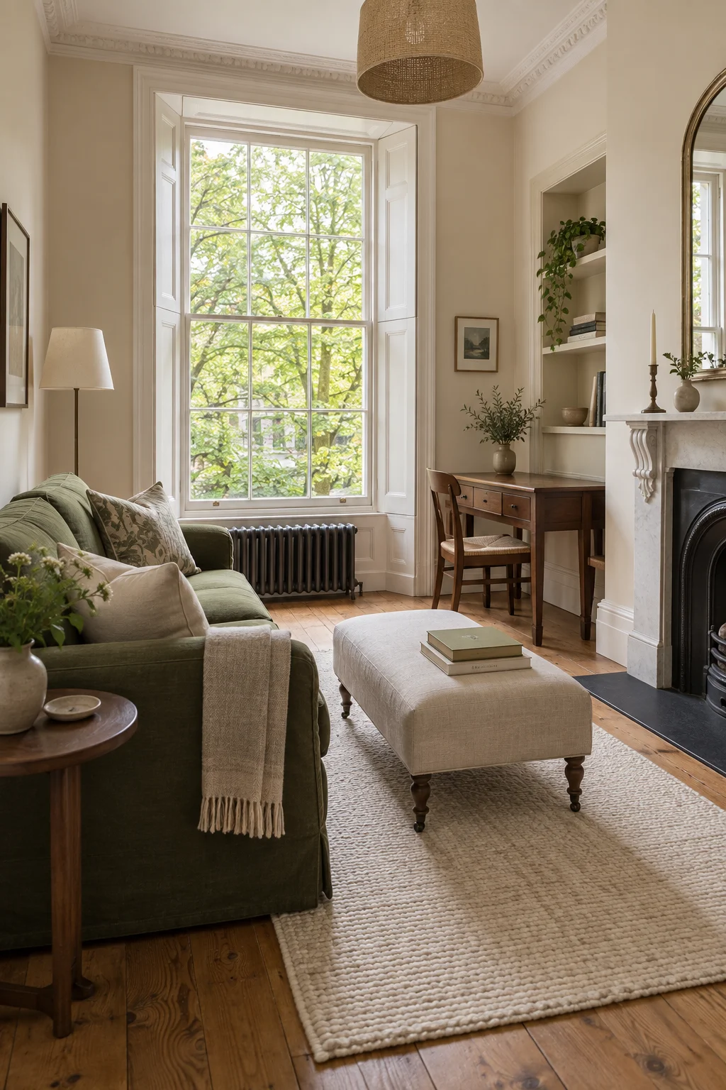 Period sitting room with an olive sofa, tall sash window, walnut desk and original fireplace