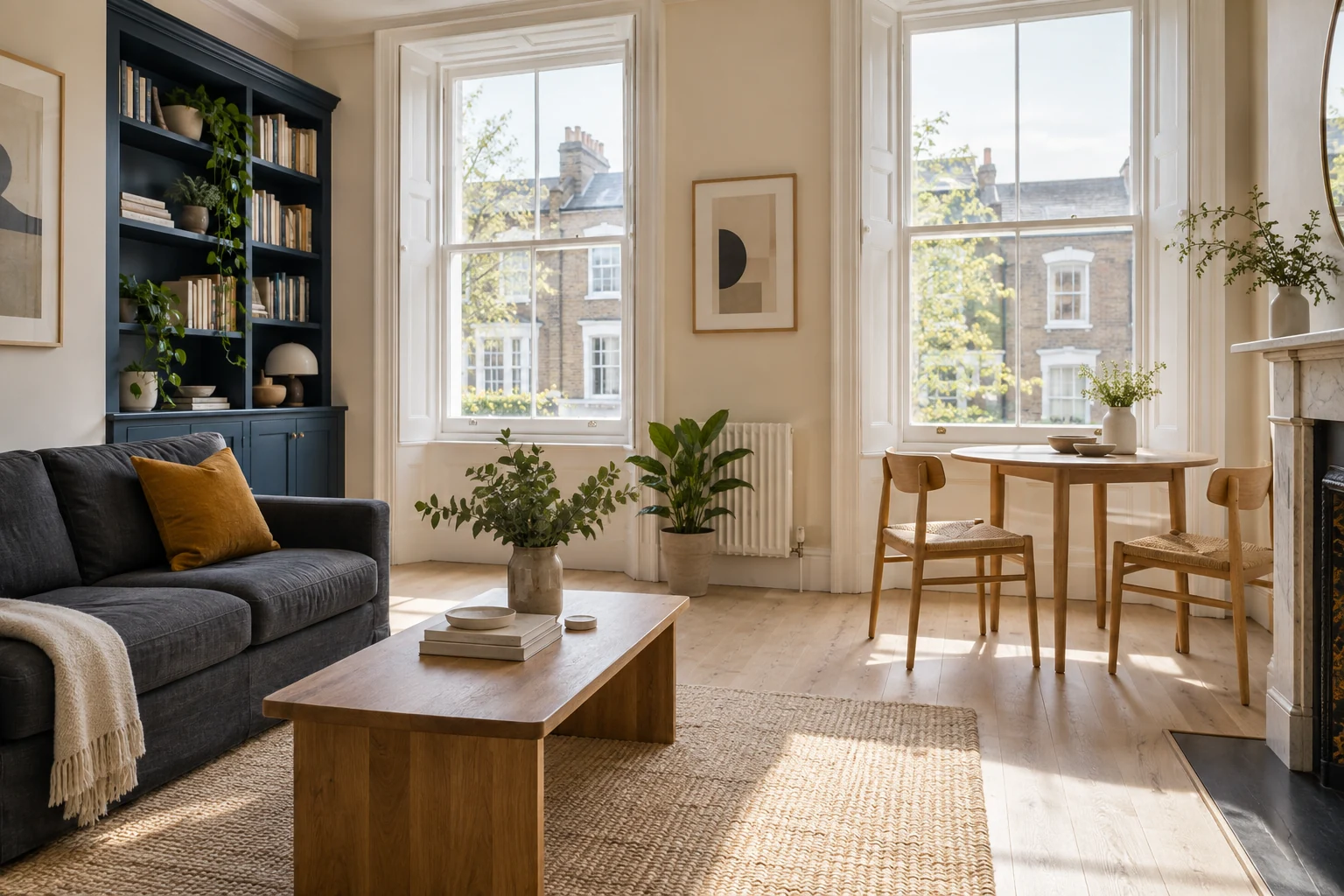 Guest-ready sitting room with sash windows, a charcoal sofa and a blue bookcase