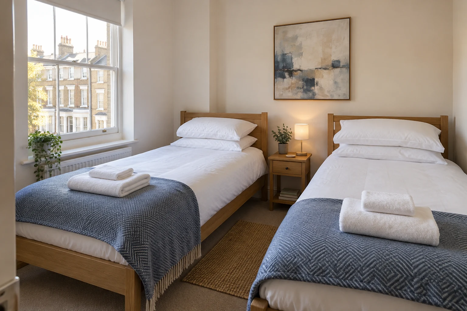 Two single beds made with white linen, blue-grey throws and folded bath and hand towels