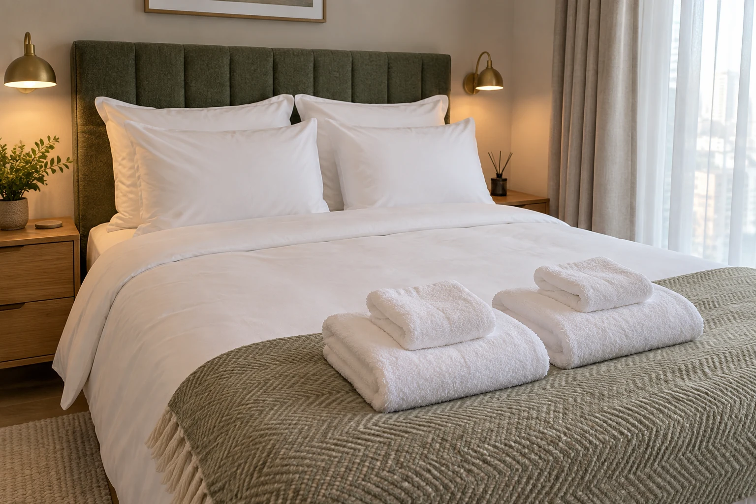 Freshly made apartment bed with white linen, folded bath towels and hand towels
