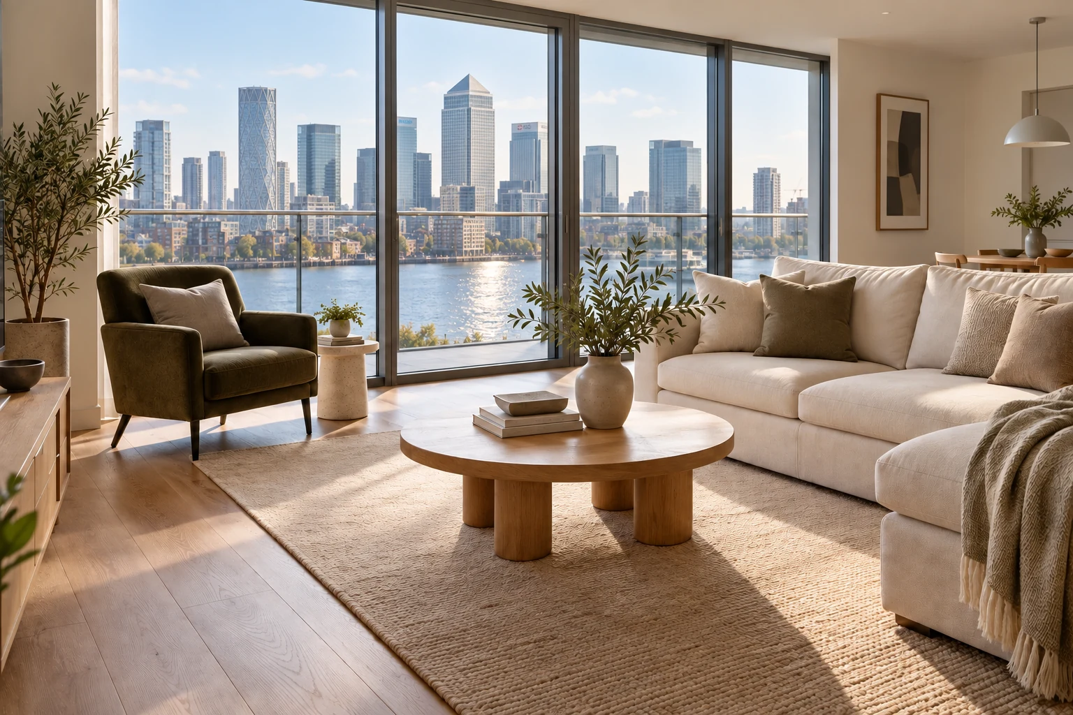 Guest-ready apartment living room with One Canada Square and the Canary Wharf skyline through the windows