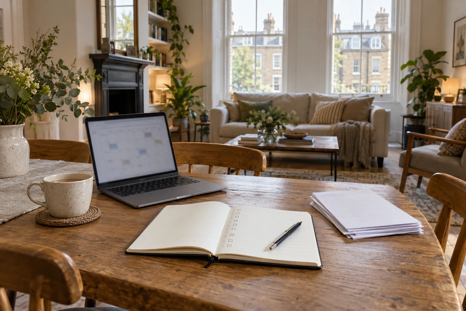 Notebook, quotation papers and laptop on a table in a bright London apartment