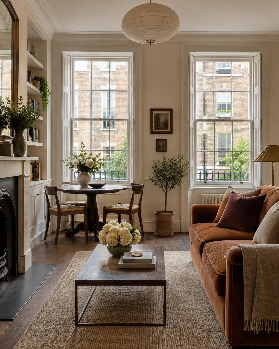 Guest-ready period apartment living room with sash windows, a cognac sofa and a compact dining table