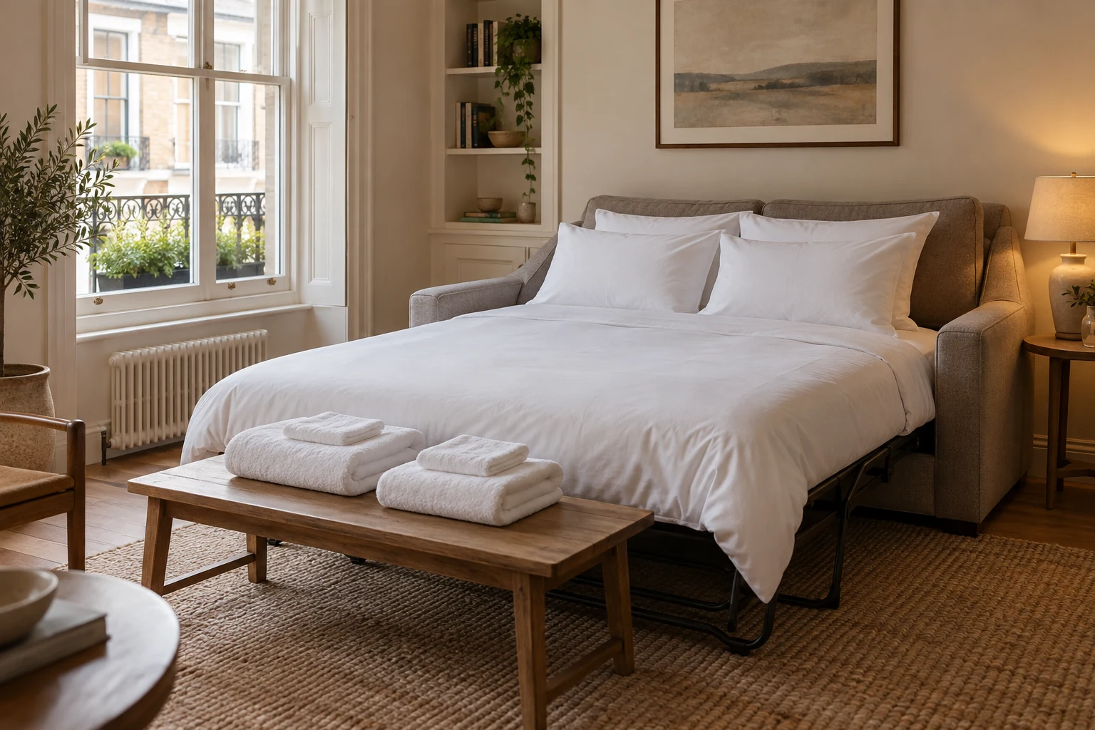 Sofa bed prepared with white bed linen and folded towels in a compact apartment living room
