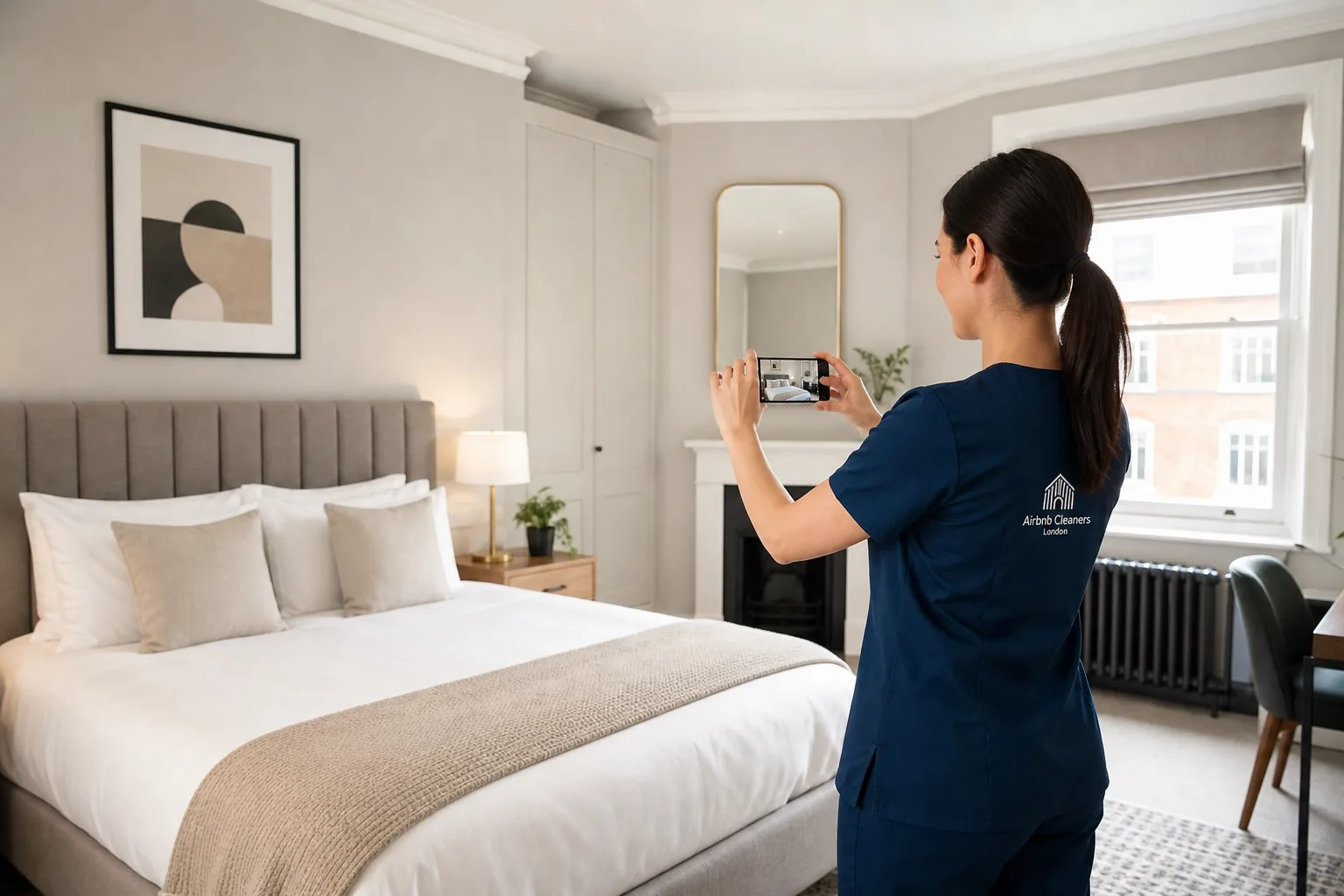 Housekeeper in an Airbnb Cleaners London uniform photographing a prepared bedroom