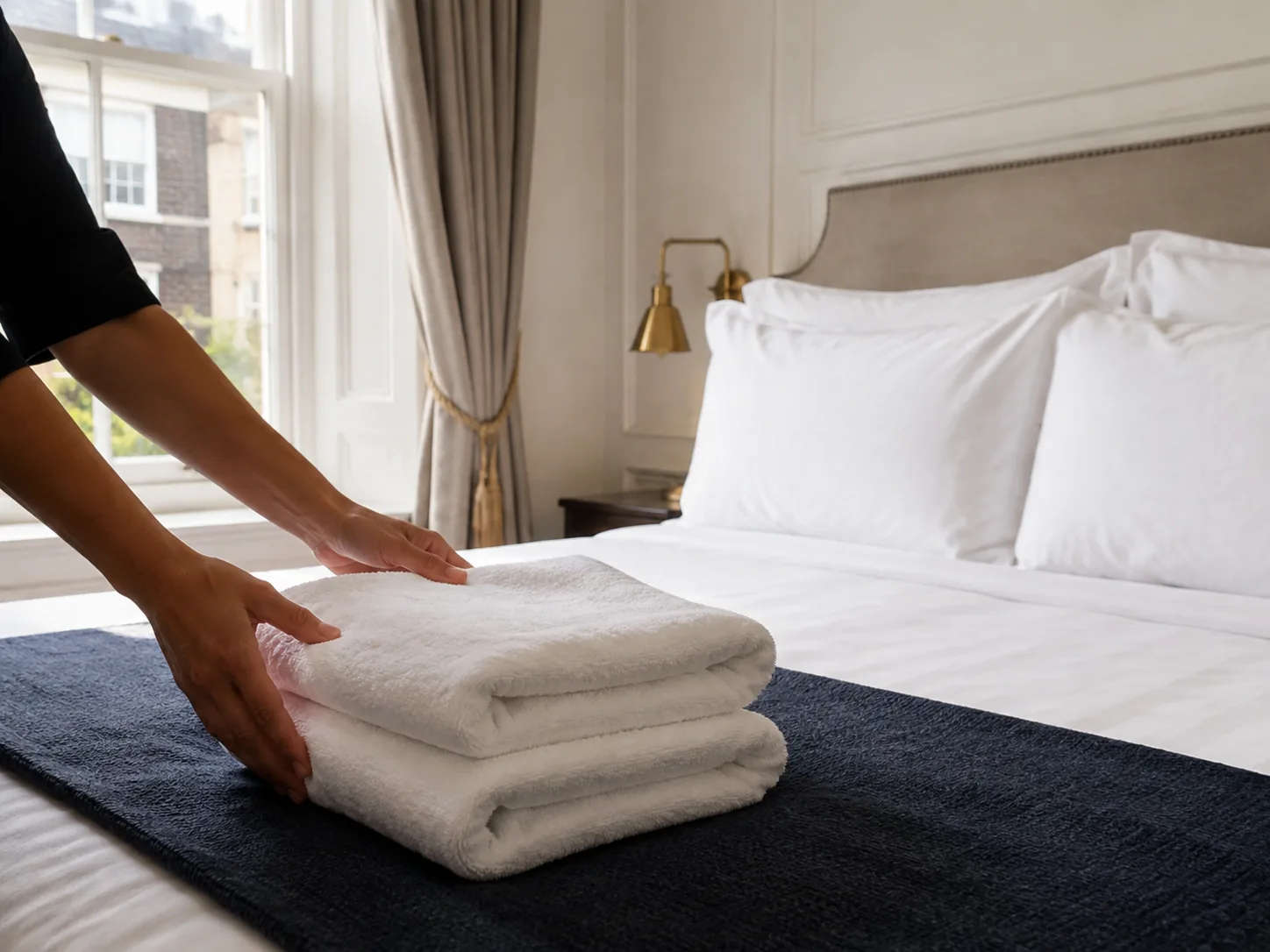 Fresh white towels and bed linen prepared for arriving short-let guests