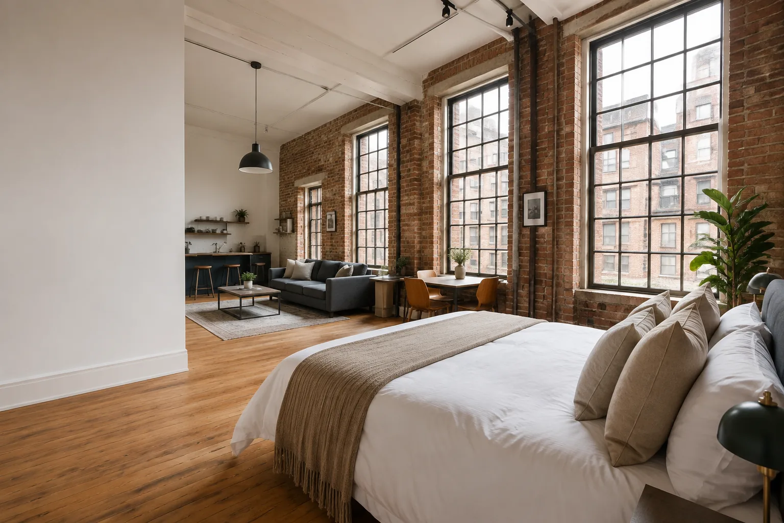 Bright warehouse-style apartment with exposed brick, timber floors and a freshly made bed