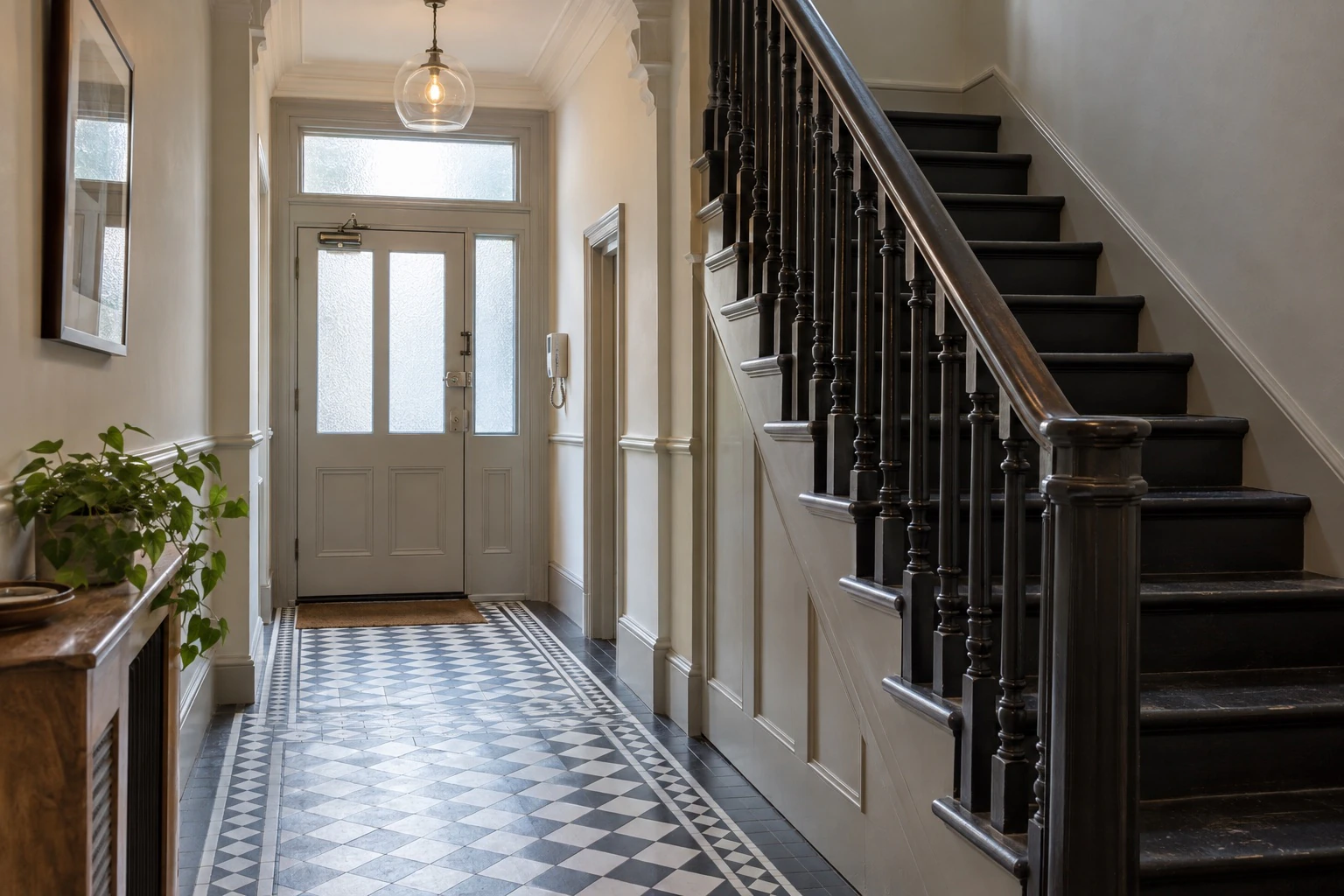 Communal hallway with a glazed entrance door, intercom, patterned tile floor and dark wooden staircase