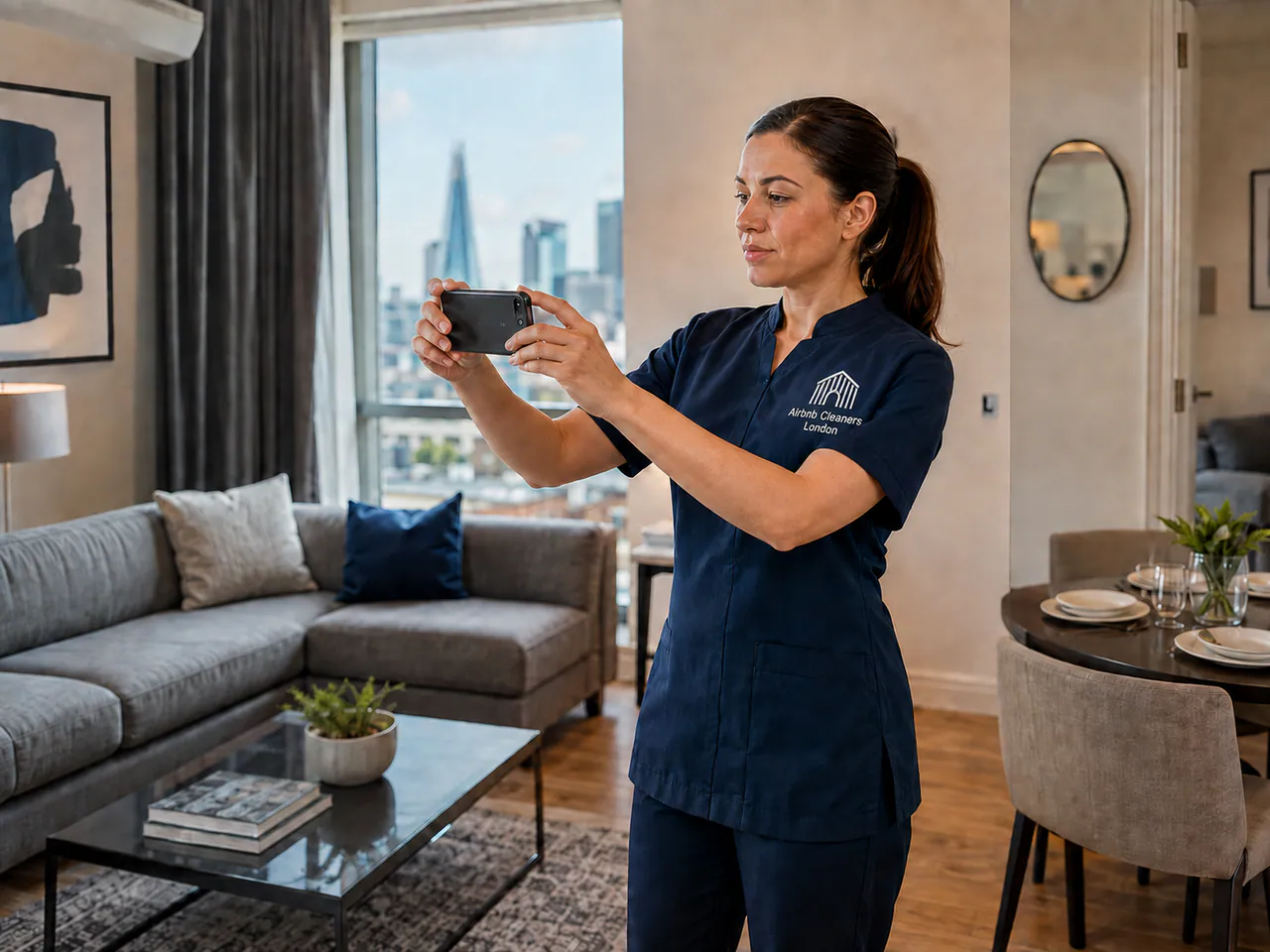 Airbnb Cleaners London housekeeper photographing a completed SE1 turnover