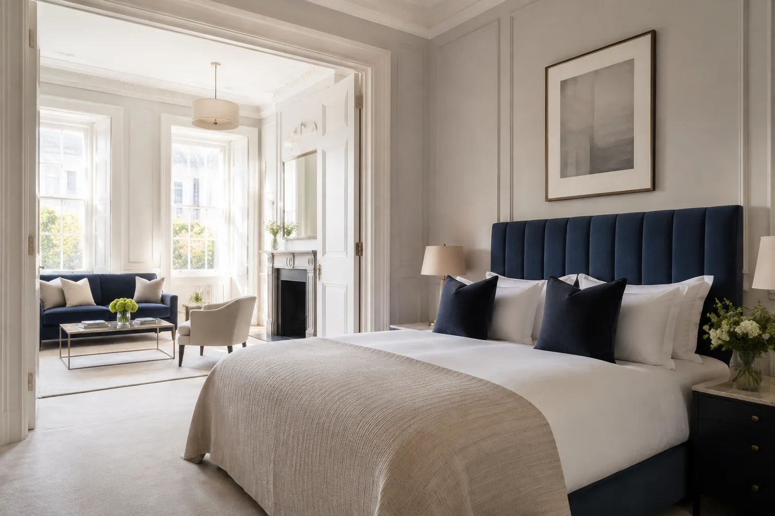 Guest-ready mansion-flat bedroom after Airbnb cleaning in Marylebone