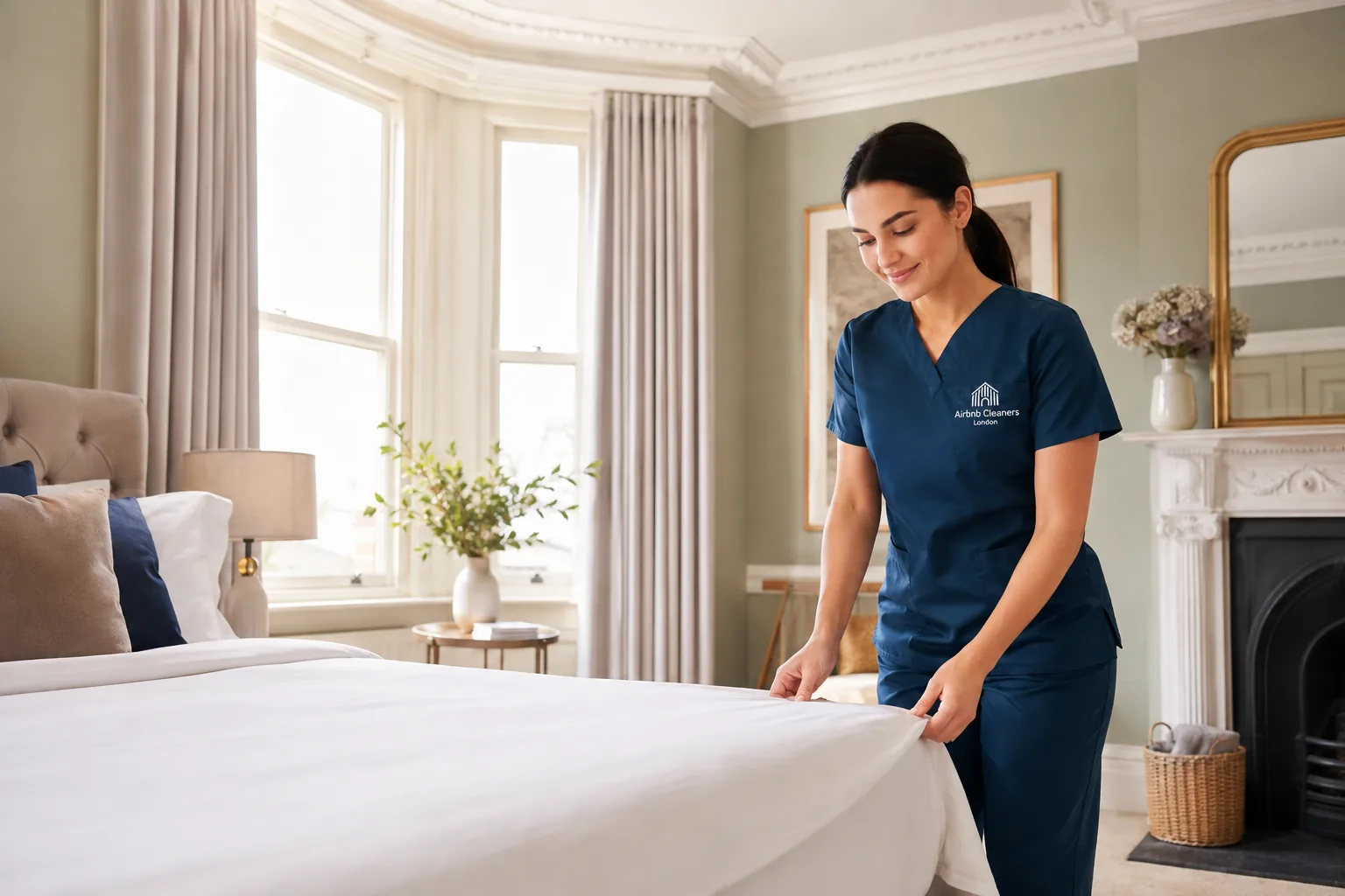 Housekeeper preparing a bed in a Notting Hill short-let apartment