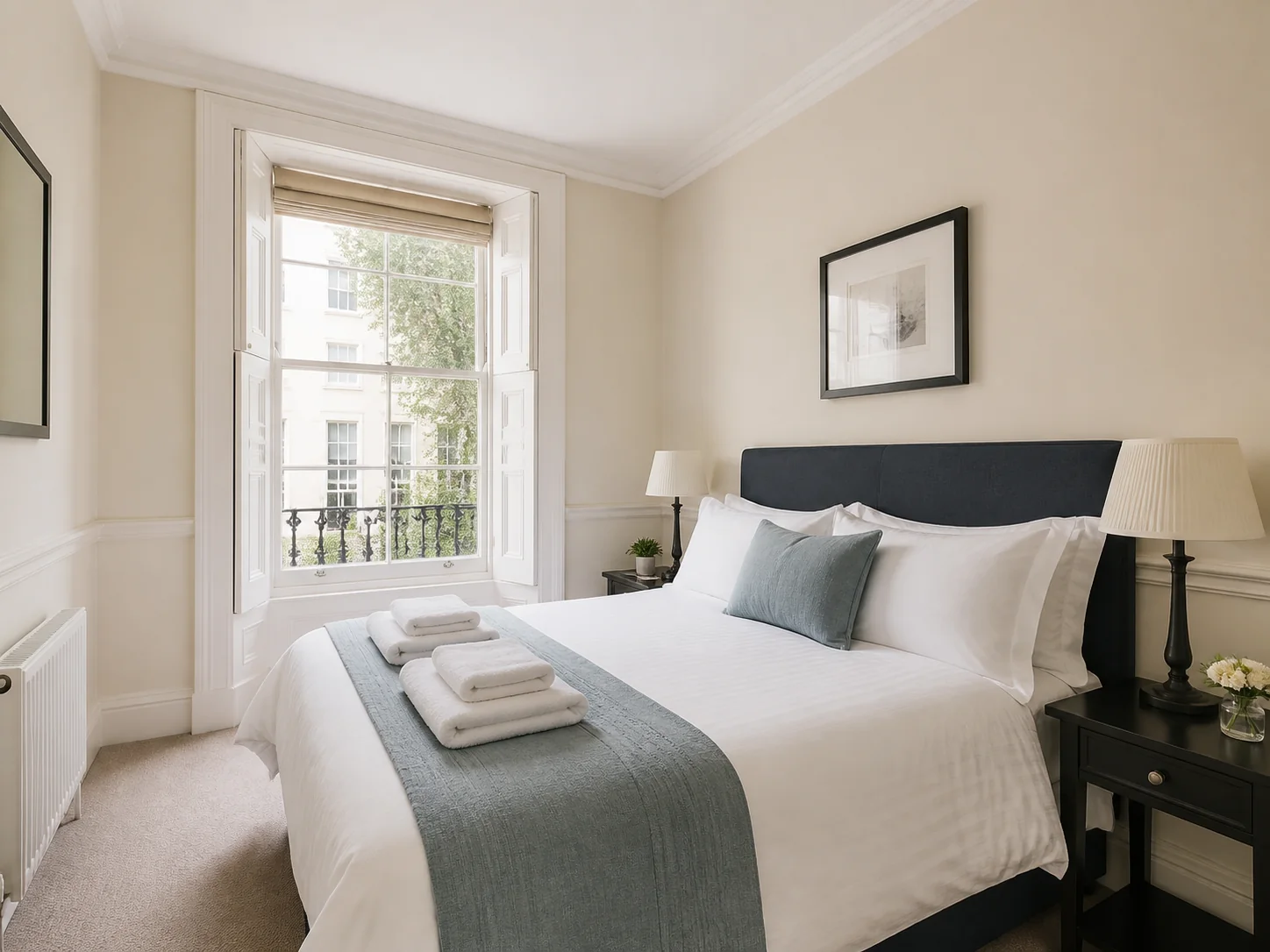 Freshly prepared Airbnb bedroom with white linen and towels in Paddington
