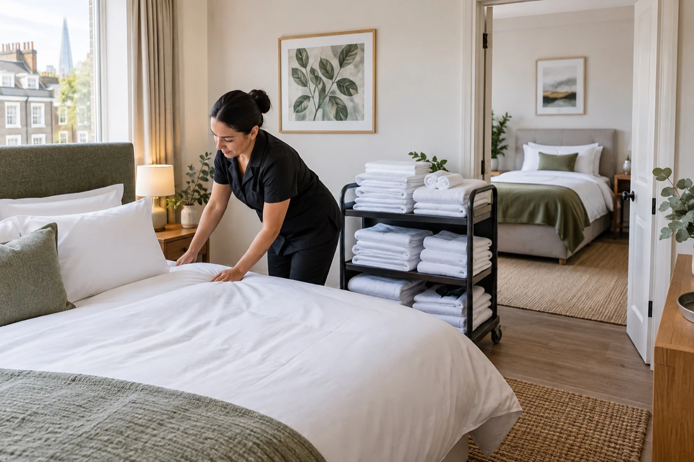 Professionally pressed linen prepared for a London Airbnb property with multiple beds
