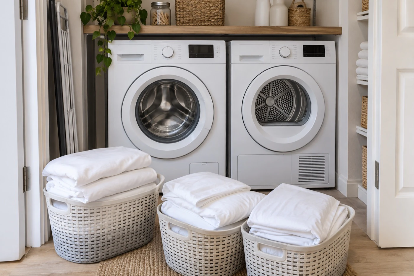 Separate washer and dryer with clean Airbnb bedding sets ready for a changeover