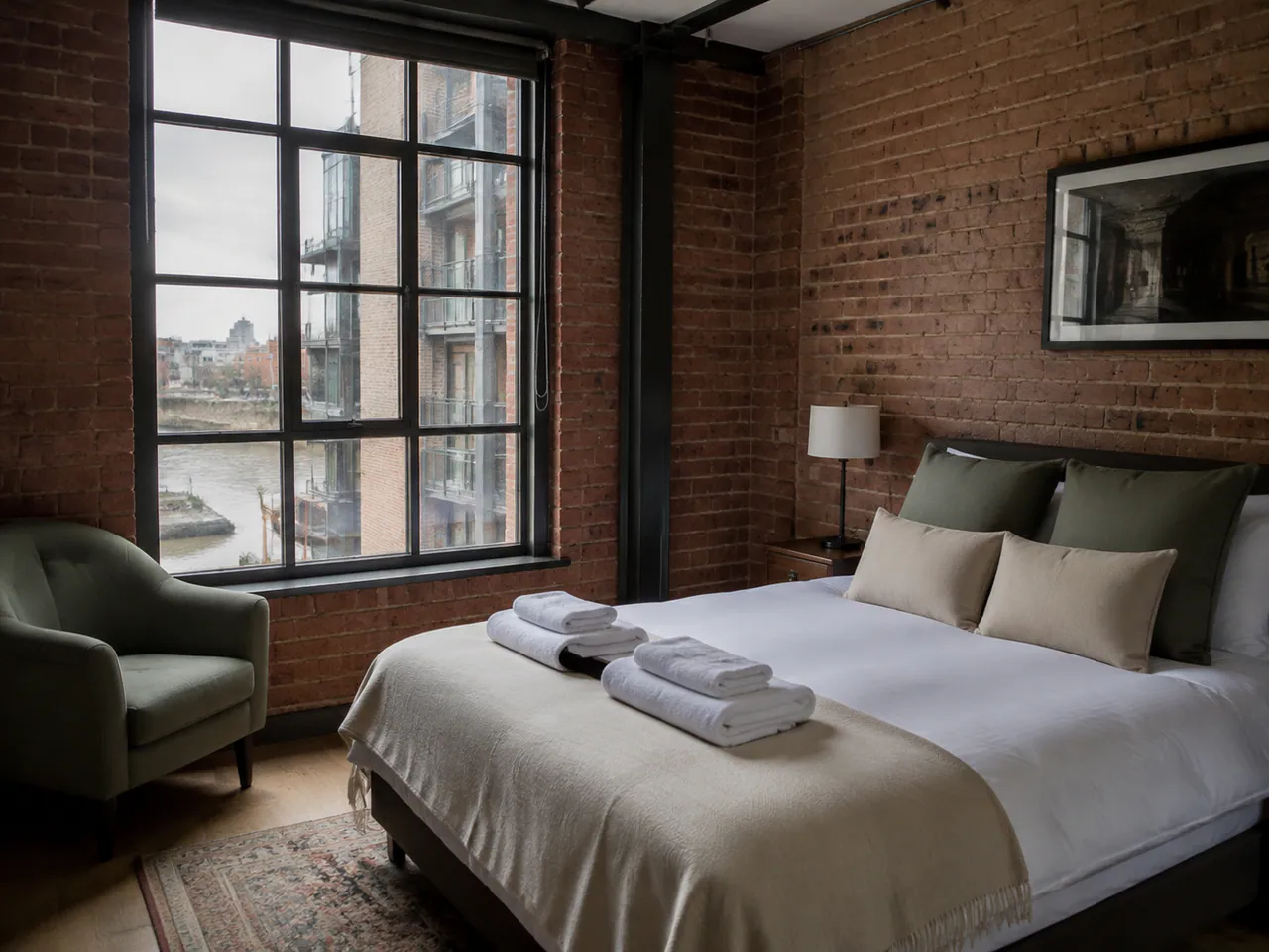 Freshly prepared bedroom in a Shad Thames warehouse-conversion apartment