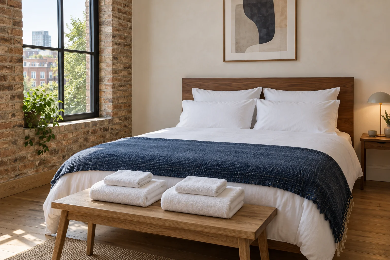 Double bed with crisp white linen, a navy throw and two towel stacks beside an exposed brick window