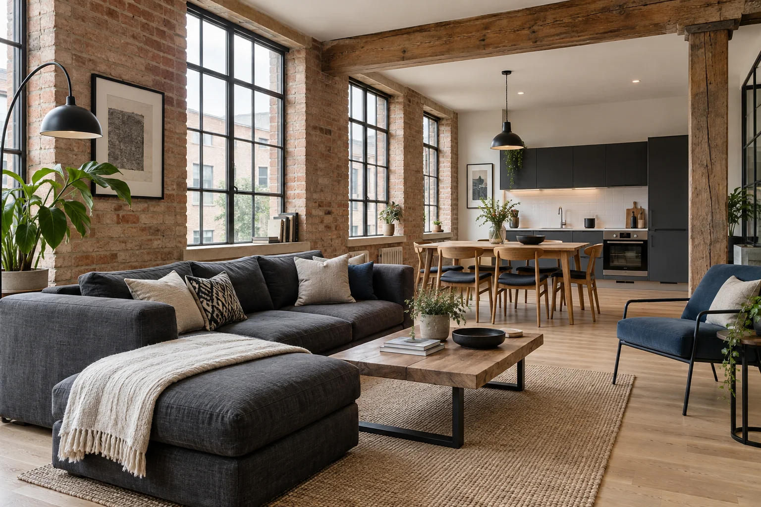 Open plan loft with exposed brick, tall black framed windows, a charcoal sofa and an oak dining table