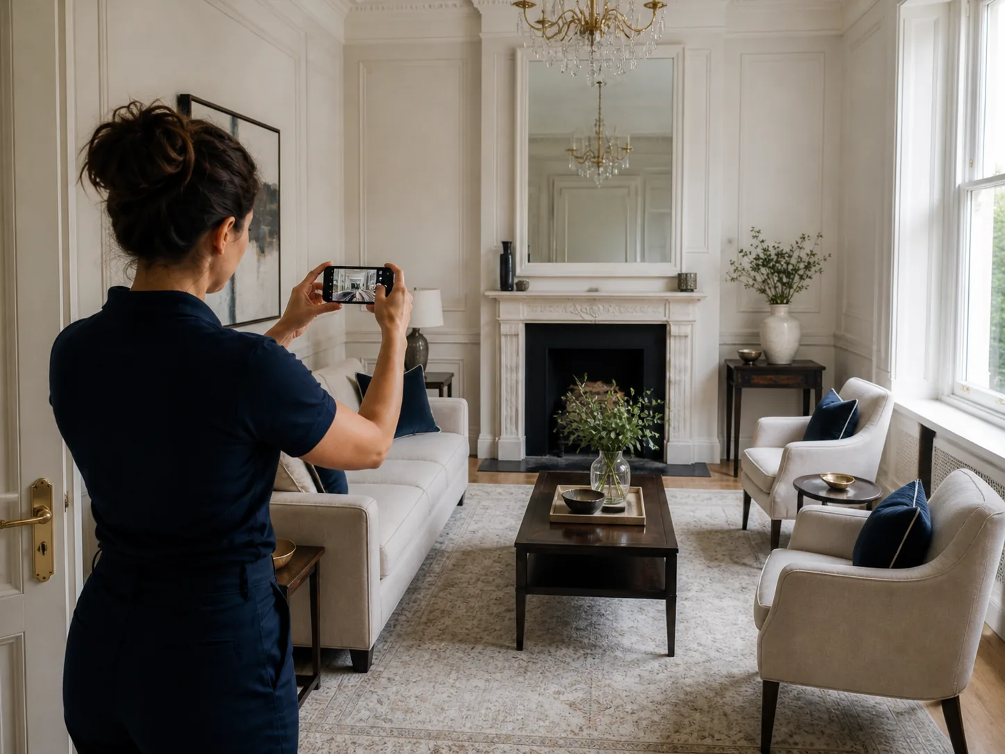Professional cleaner photographing a completed short-let living room for turnover verification