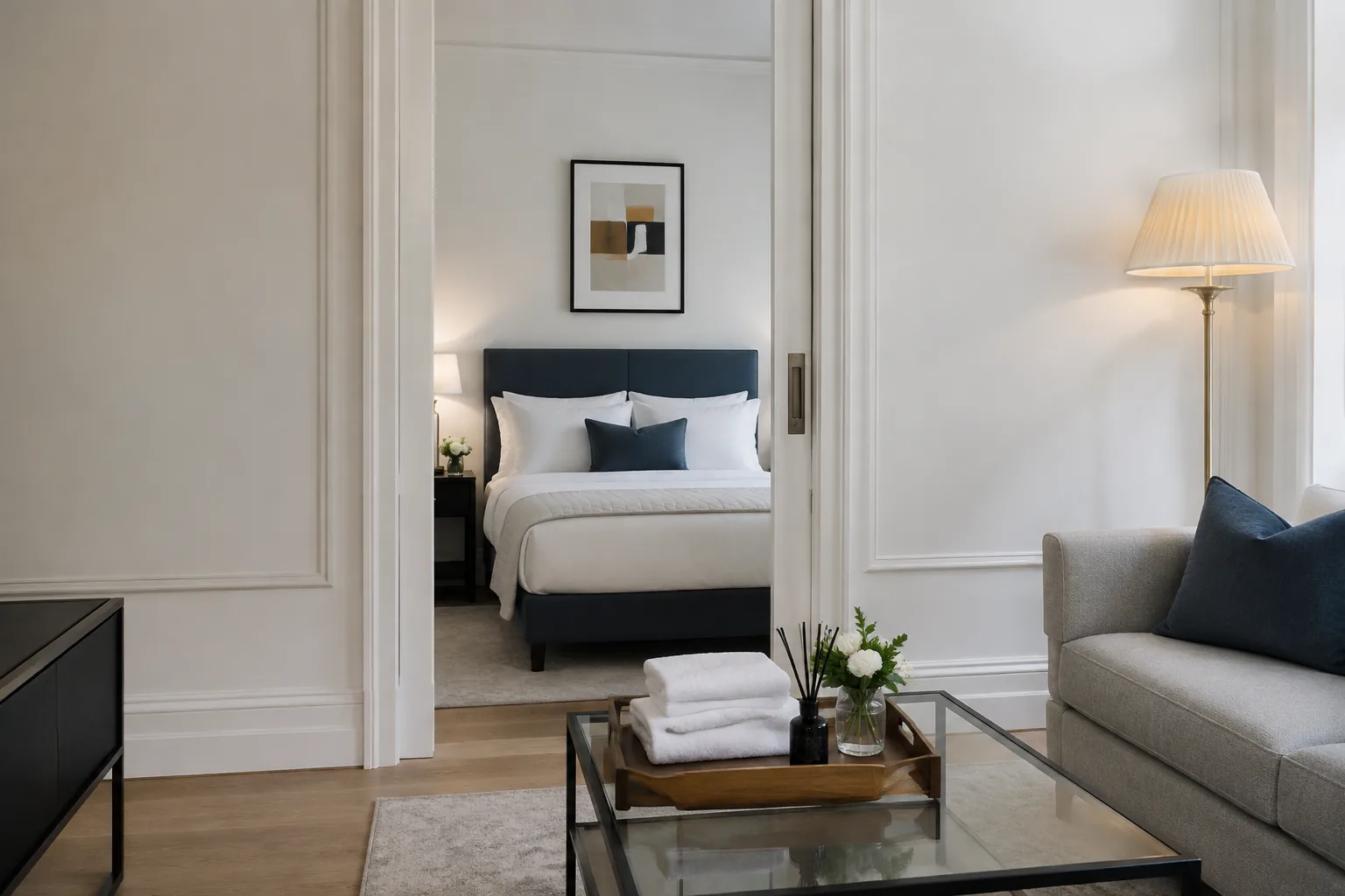 Prepared apartment bedroom with white linen and folded towels
